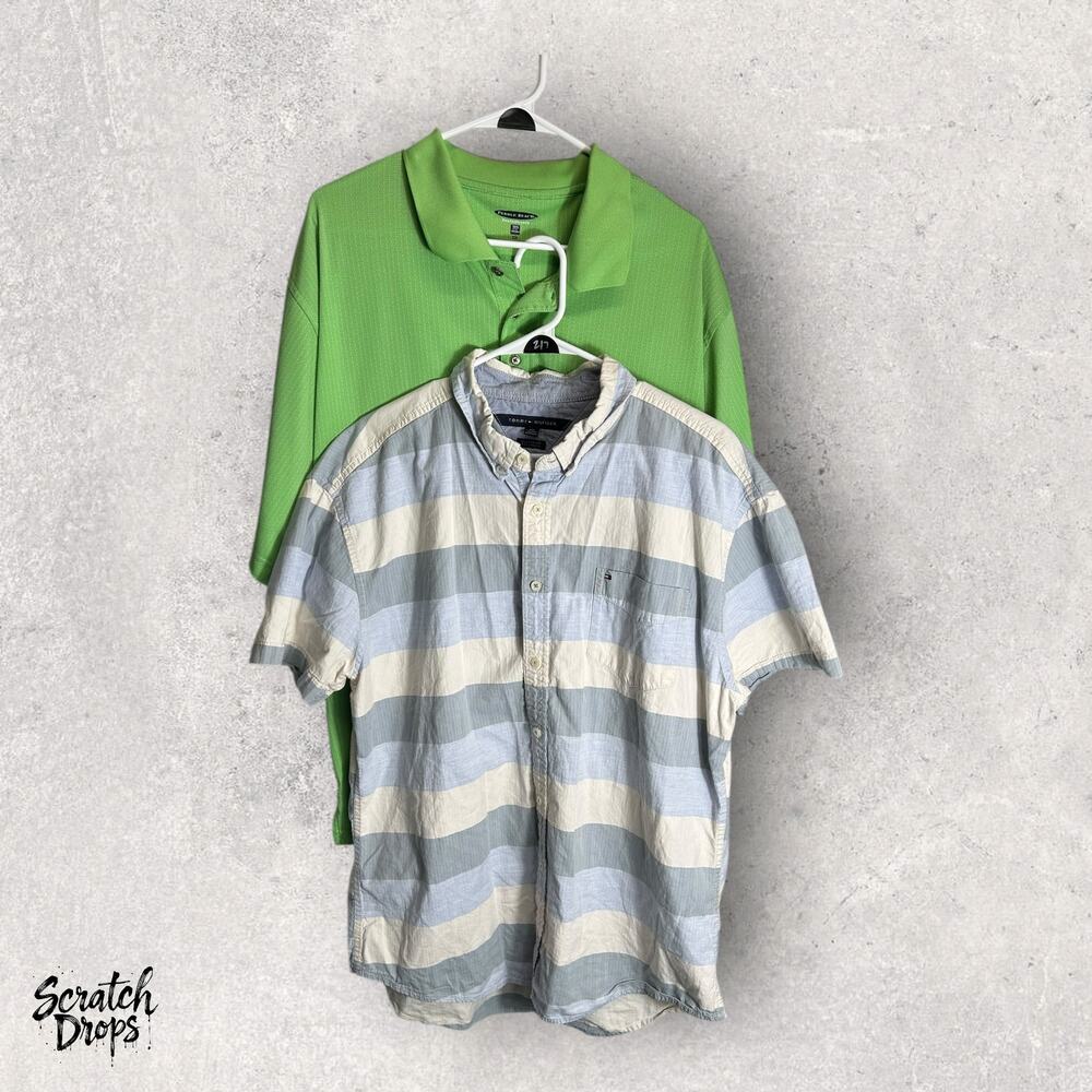Tommy Hilfiger 2XL MensShirt Bundle Green Polo Striped Button Up ClassicFitStyle